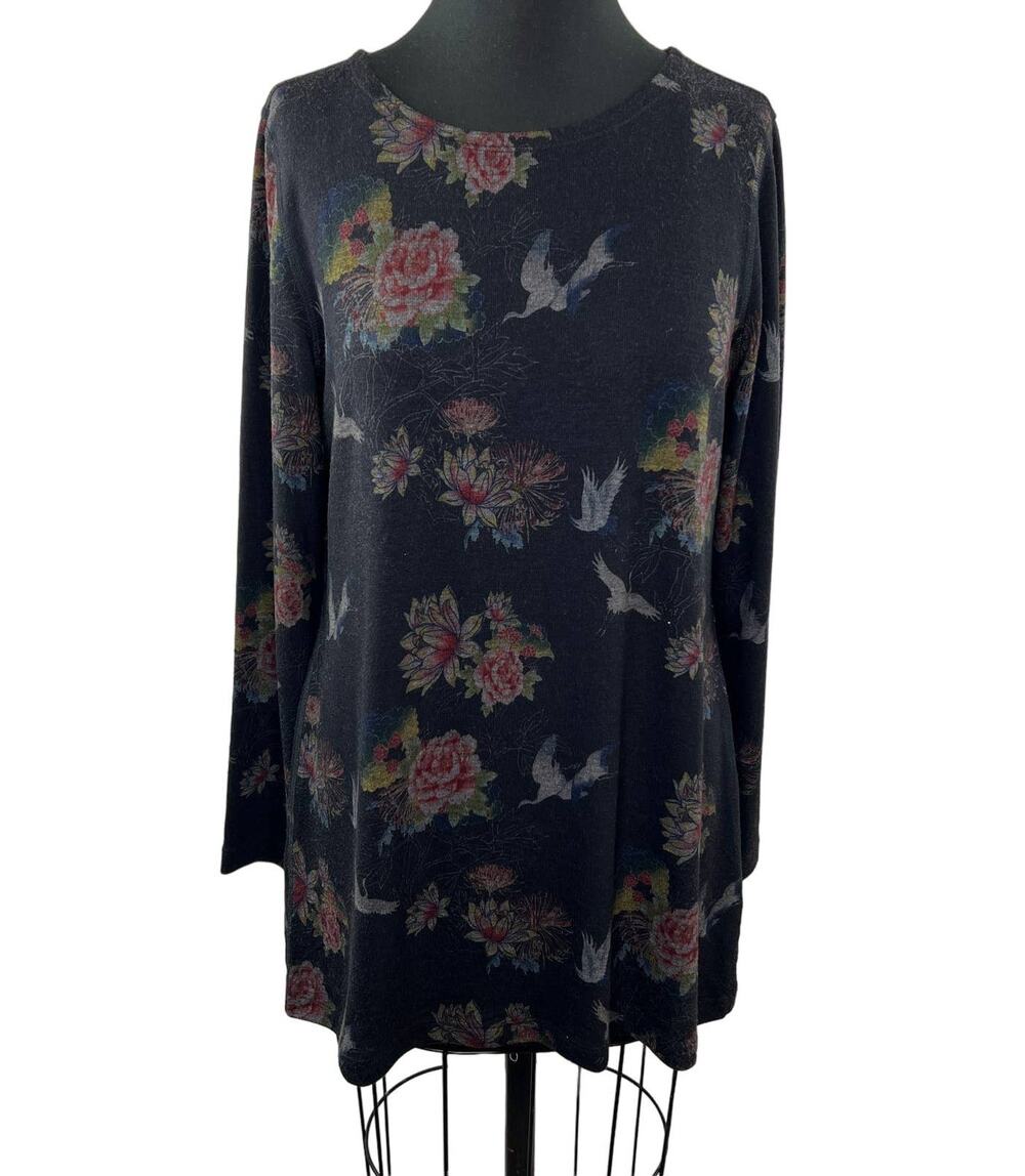 Soft Surrounding Black Floral Birds Knit Top Long Sleeve Tunic Blouse 27276 S